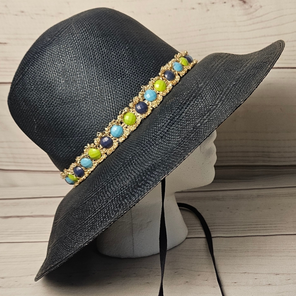 Vintage Adolfo II New York Paris Oversized Straw Floppy Sun Hat With Beaded Band